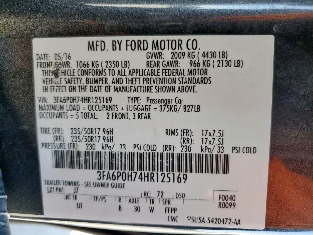 2017 FORD FUSION SE - 3FA6P0H74HR125169