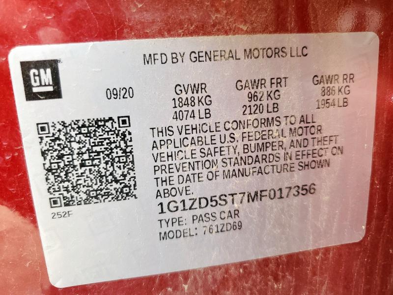 2021 CHEVROLET MALIBU LT - 1G1ZD5ST7MF017356