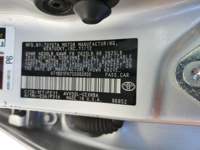 2012 TOYOTA CAMRY HYBR - 4T1BD1FK7CU060930