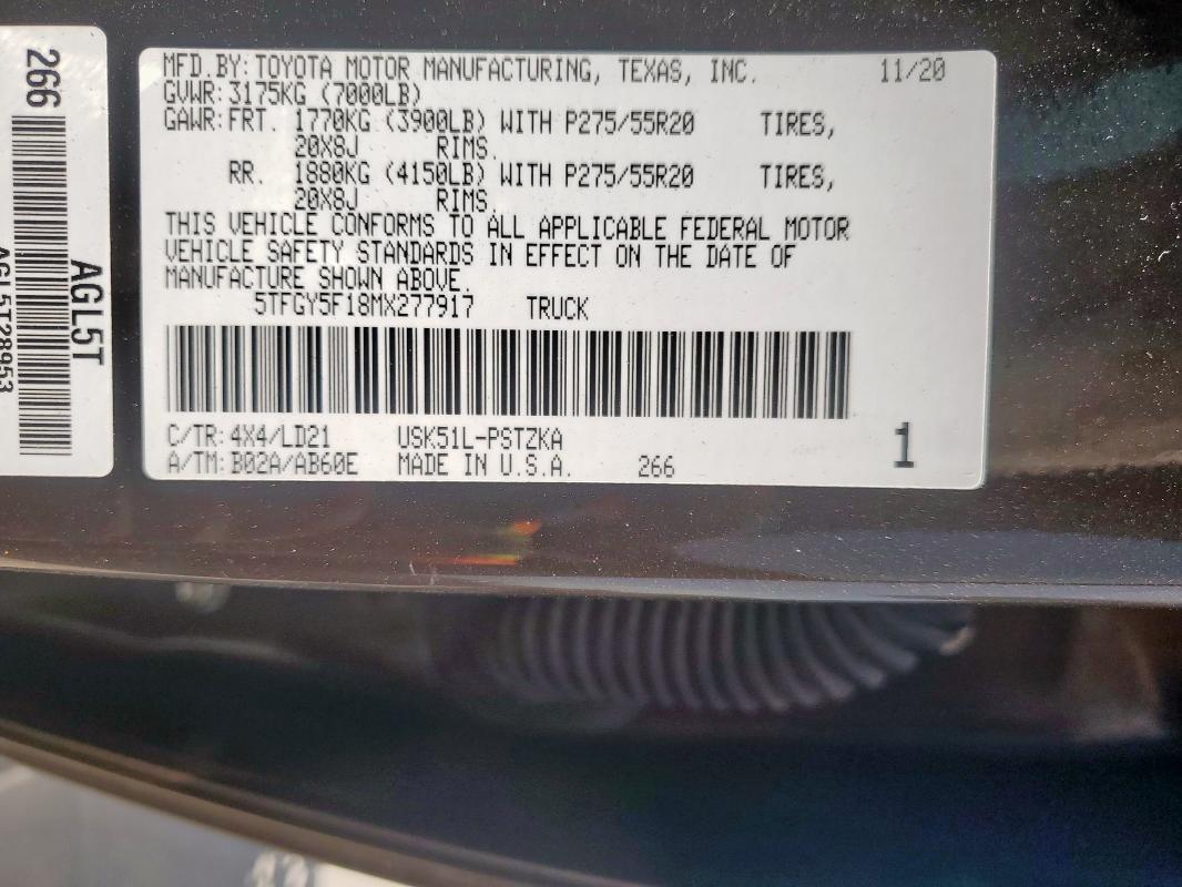2021 TOYOTA TUNDRA CRE 5TFGY5F18MX277917
