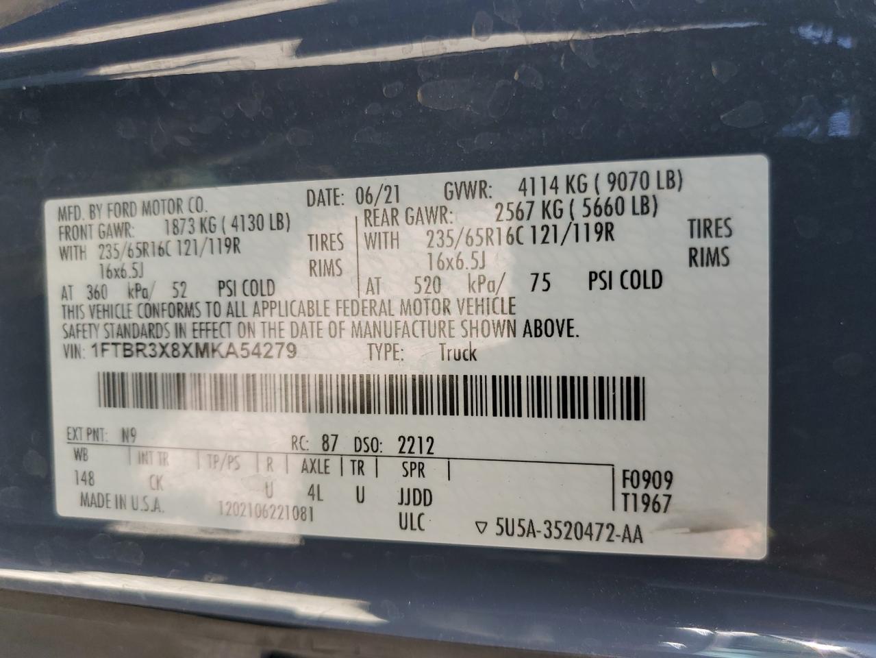 1FTBR3X8XMKA54279 FORD TRANSIT 2021