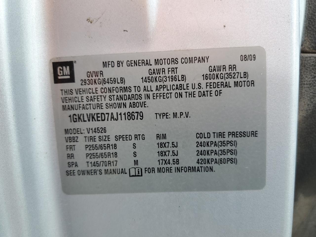 1GKLVKED7AJ118679 2010 GMC Acadia Sl