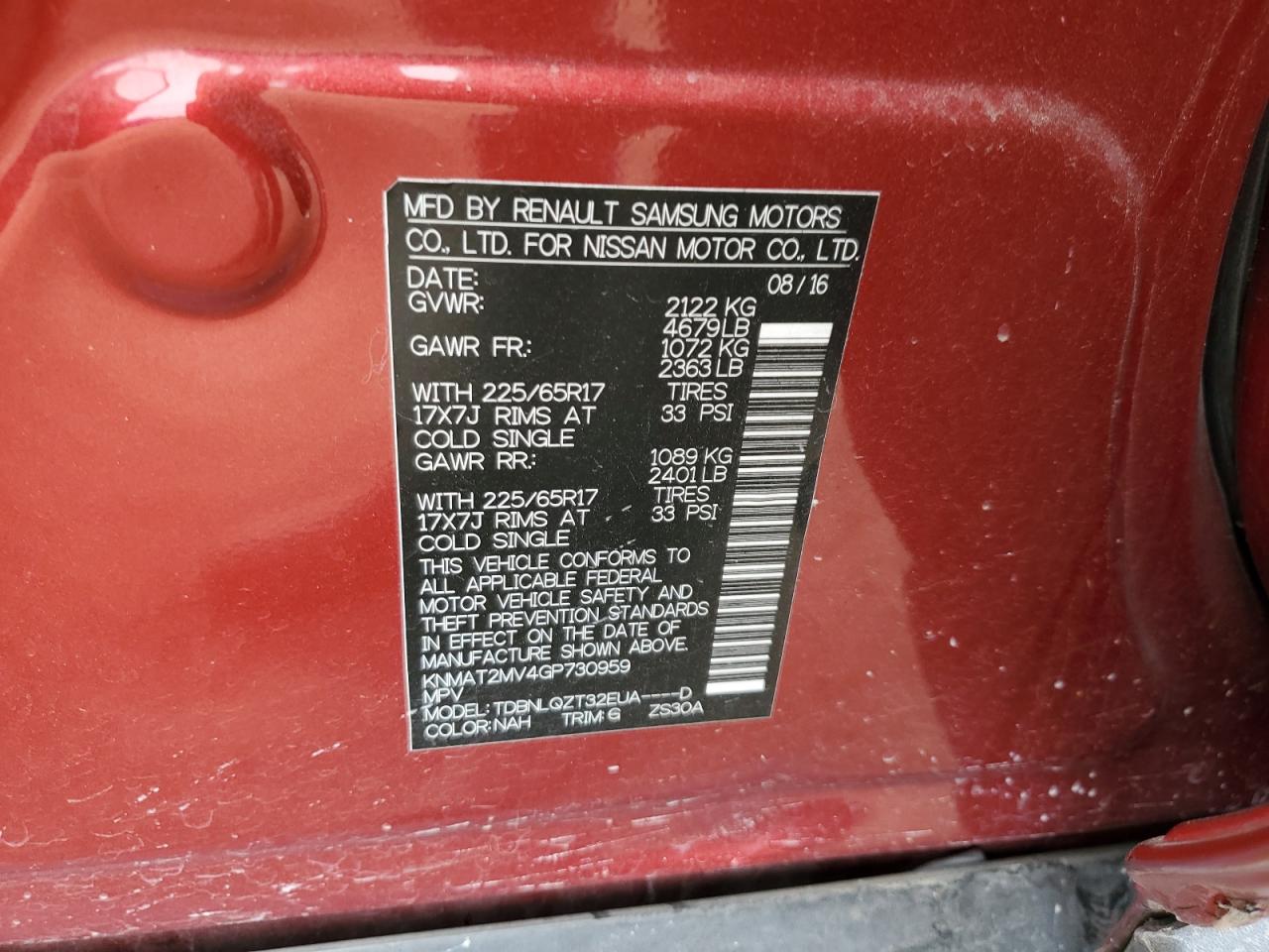 KNMAT2MV4GP730959 NISSAN ROGUE 2016