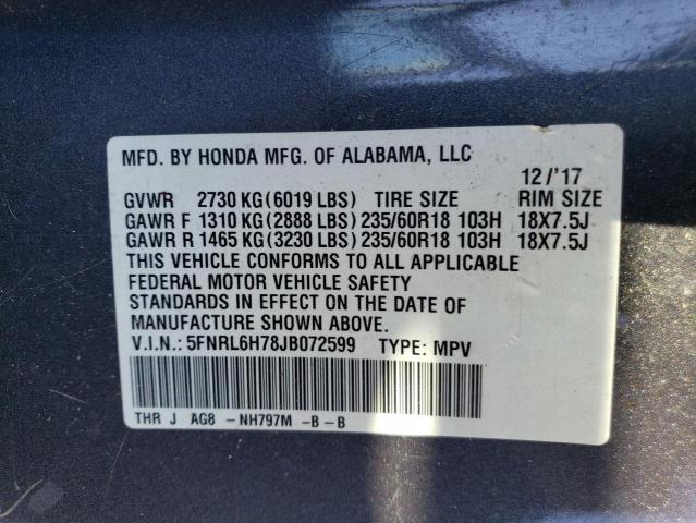 5FNRL6H78JB072599 Honda ODYSSEY EXL