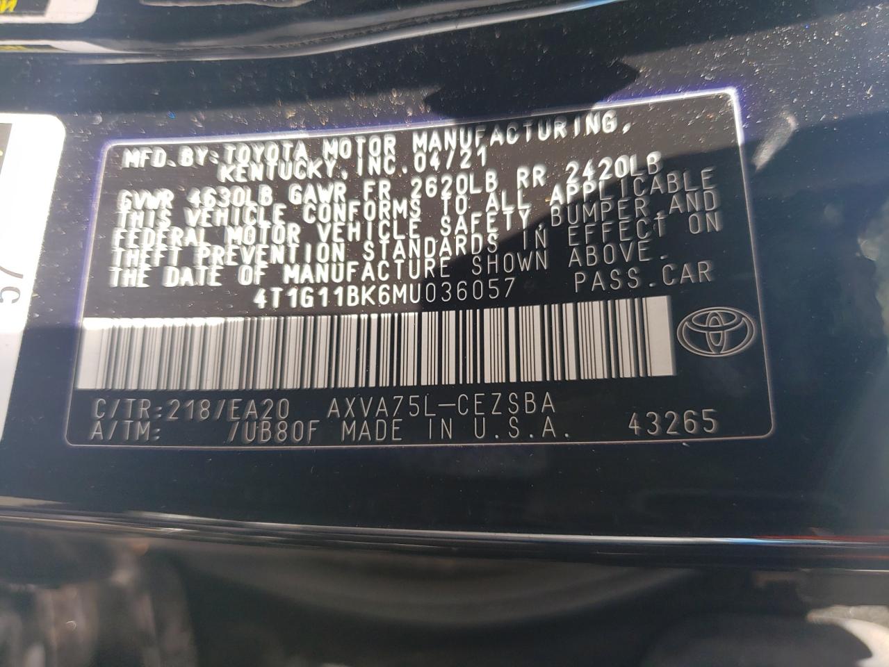 4T1G11BK6MU036057 TOYOTA CAMRY 2021