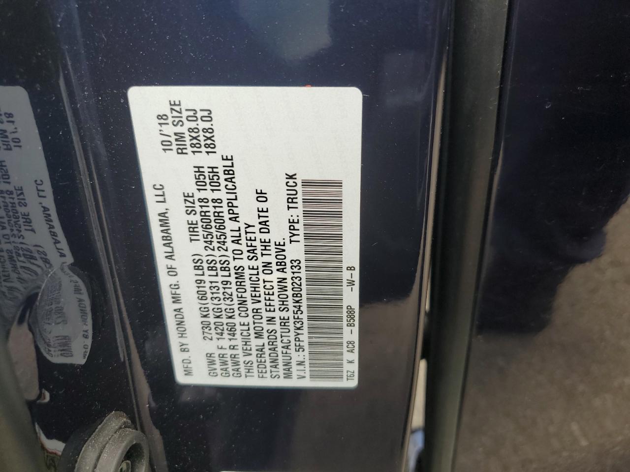 5FPYK3F54KB023133 HONDA RIDGELINE 2019