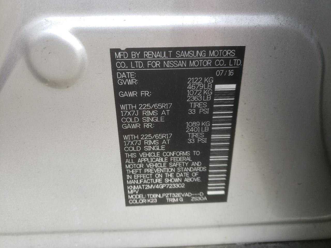KNMAT2MV4GP723302 NISSAN ROGUE 2016