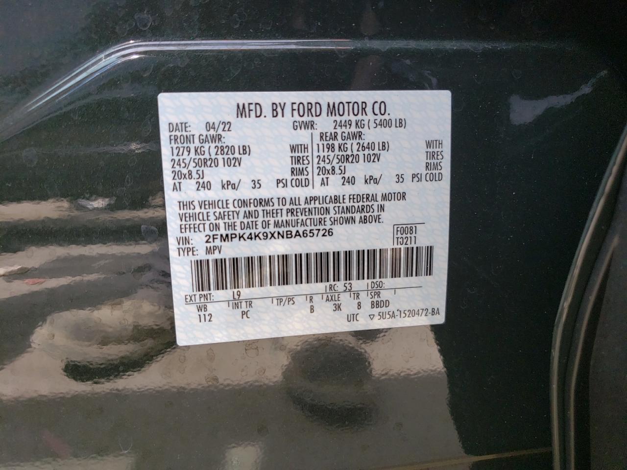 2FMPK4K9XNBA65726 FORD EDGE 2022