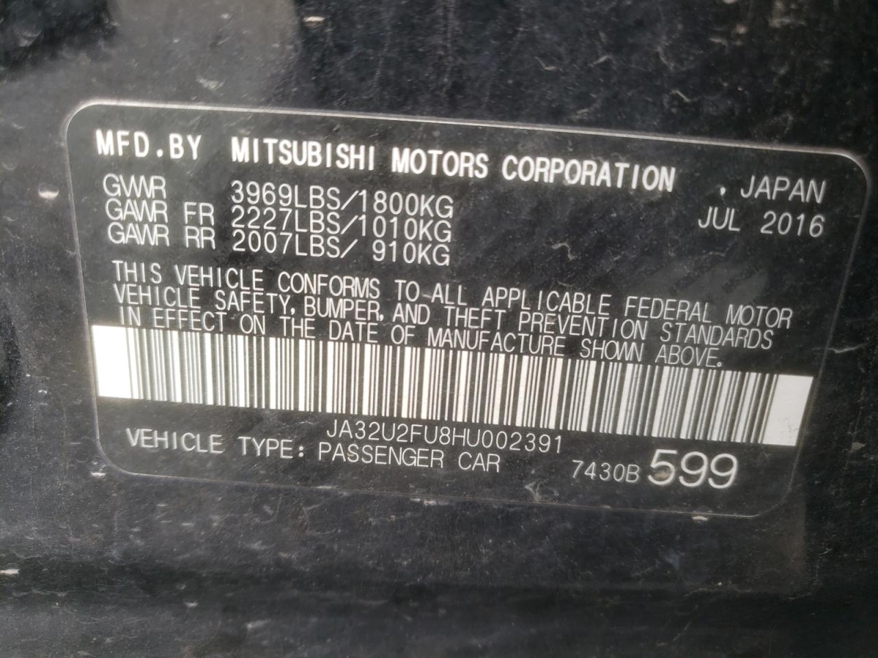 2017 Mitsubishi Lancer Es 2.0L(VIN: JA32U2FU8HU002391
