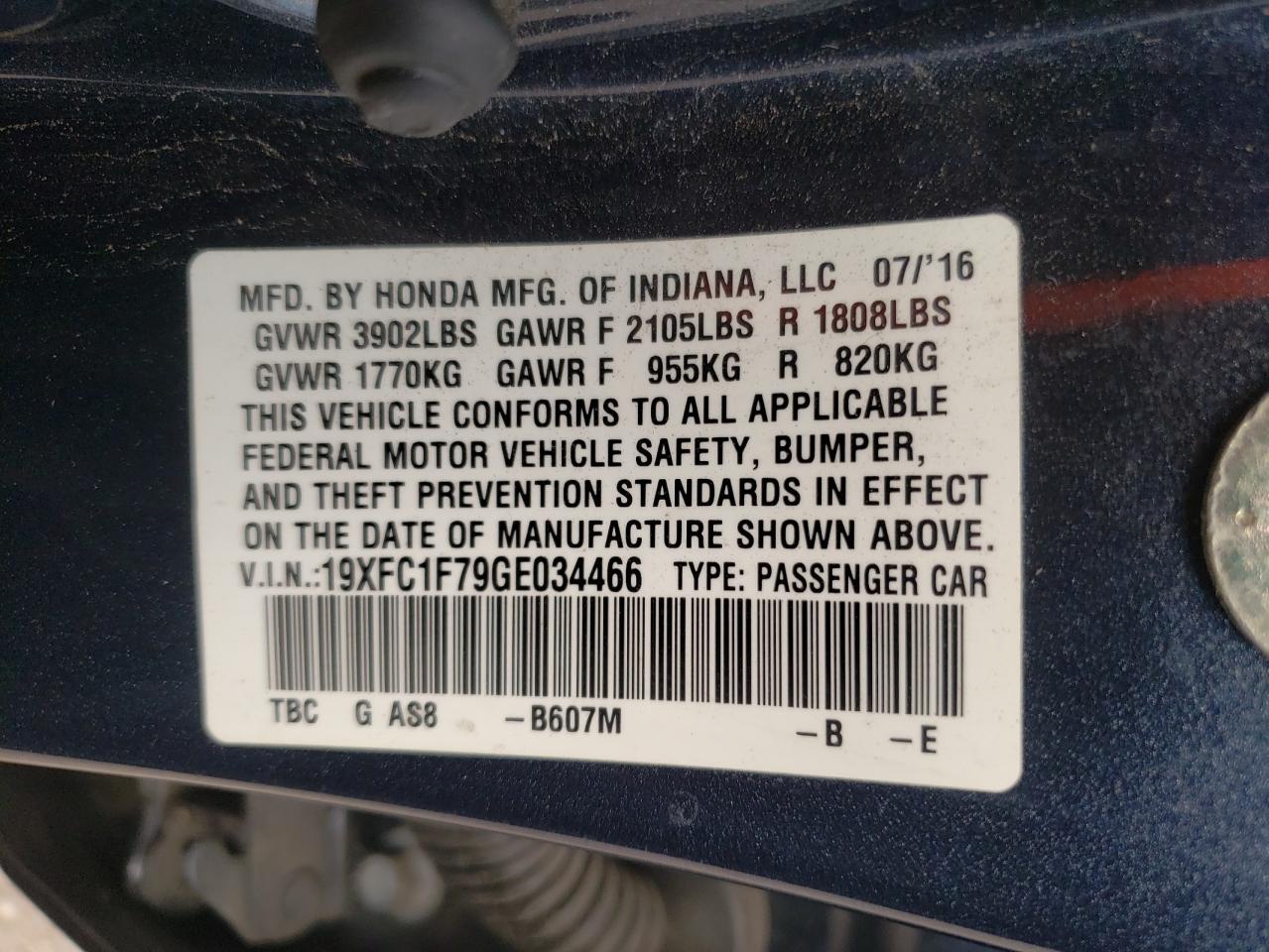 19XFC1F79GE034466 HONDA CIVIC 2016