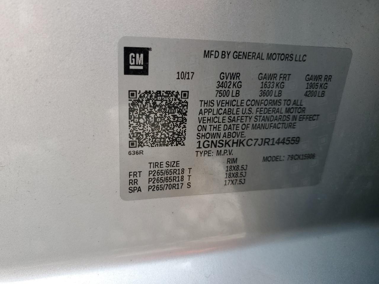 1GNSKHKC7JR144559 CHEVROLET SUBURBAN 2018