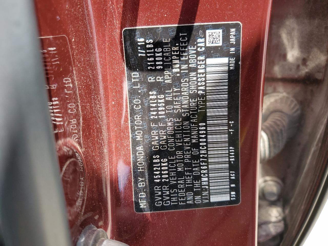 JHMCR6F72HC004960 HONDA ACCORD 2017