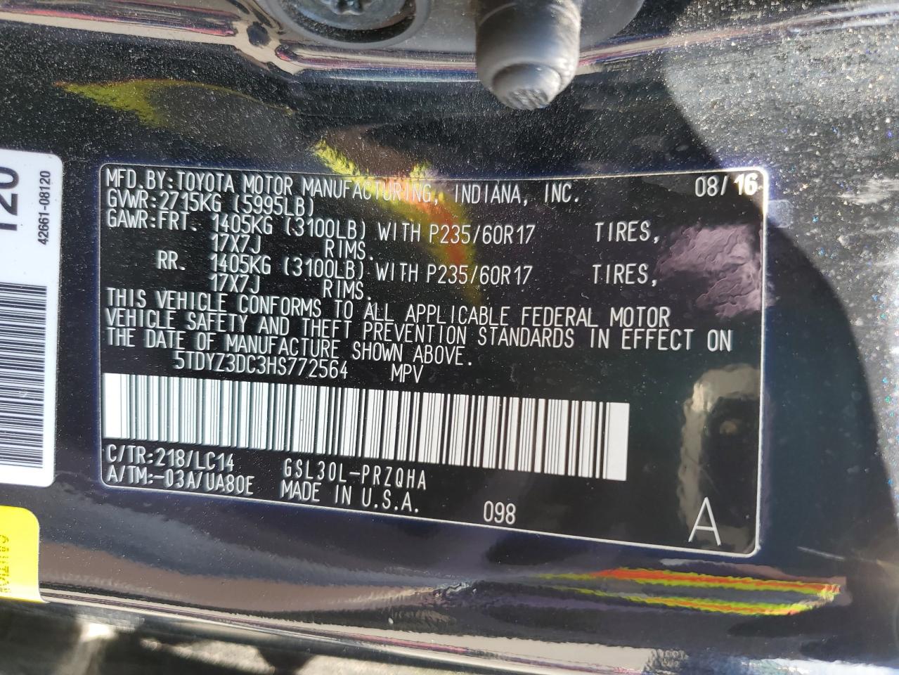 5TDYZ3DC3HS772564 TOYOTA All Models 2017