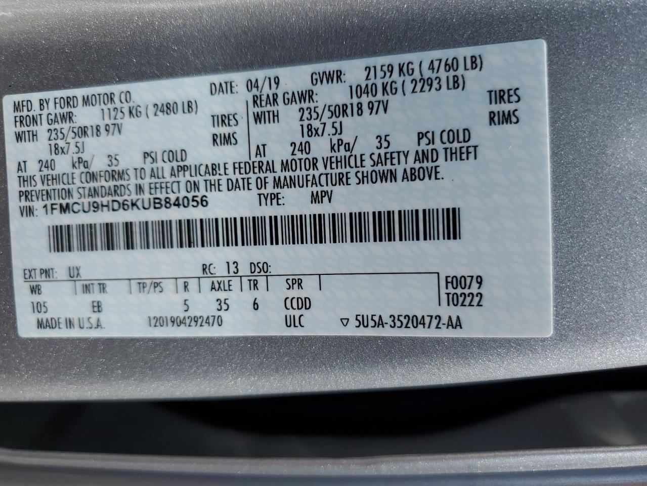 1FMCU9HD6KUB84056 FORD ESCAPE 2019