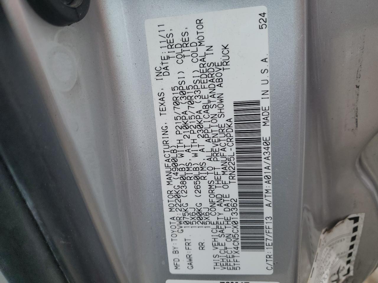 5TFTX4CN5CX013362 2012 Toyota Tacoma Access Cab