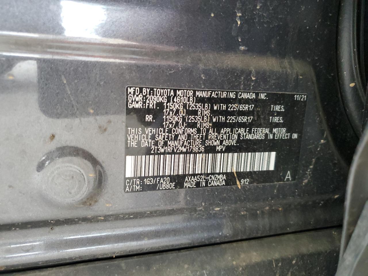 2T3W1RFV2MW179836 TOYOTA RAV4 2021