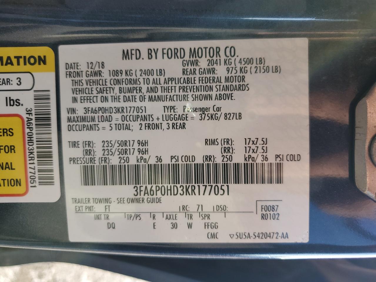 3FA6P0HD3KR177051 FORD FUSION 2019