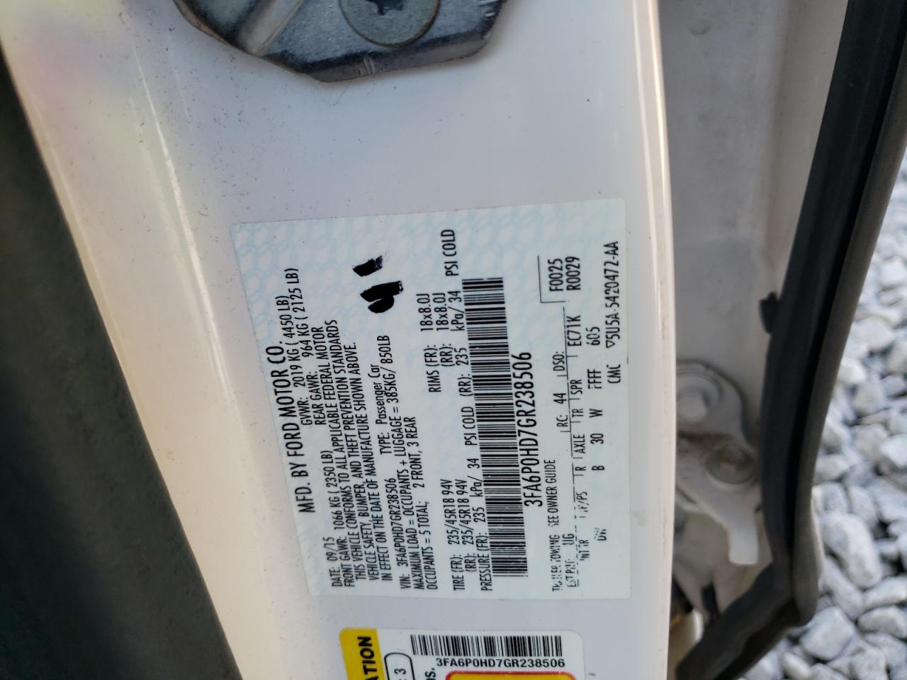3FA6P0HD7GR238506 FORD FUSION 2016