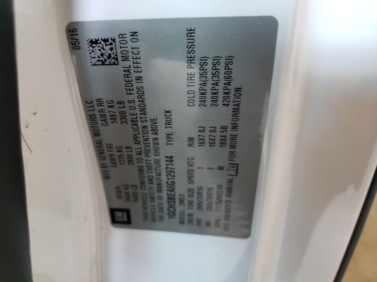 1GCHSBEA6G1297144 CHEVROLET COLORADO 2016