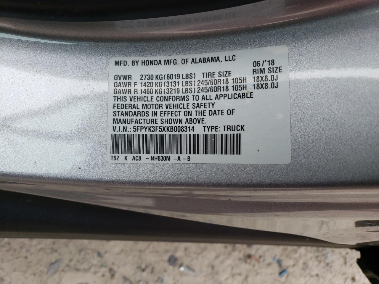 5FPYK3F5XKB008314 HONDA RIDGELINE 2019