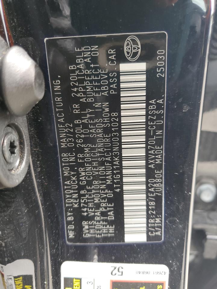 4T1G11AK3NU031028 TOYOTA CAMRY 2022