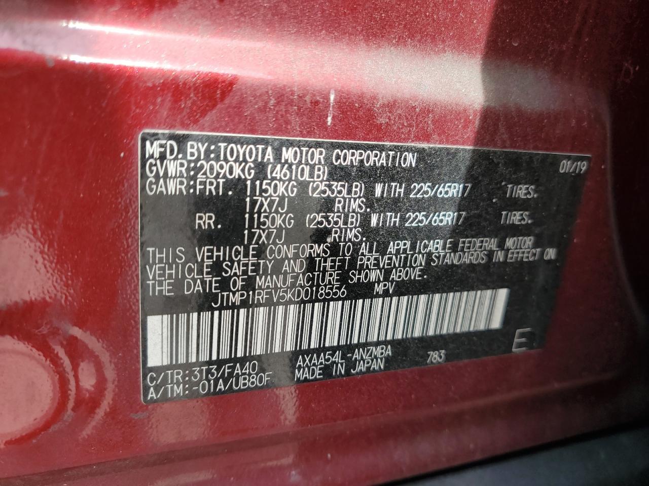 JTMP1RFV5KD018556 TOYOTA RAV4 2019