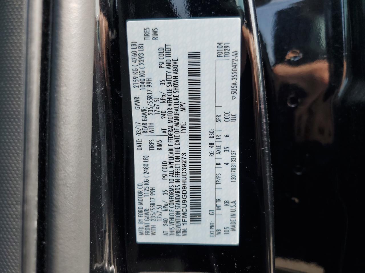 1FMCU9GD9HUD39273 FORD ESCAPE 2017