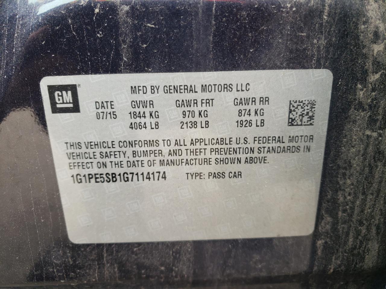 1G1PE5SB1G7114174 CHEVROLET CRUZE 2016