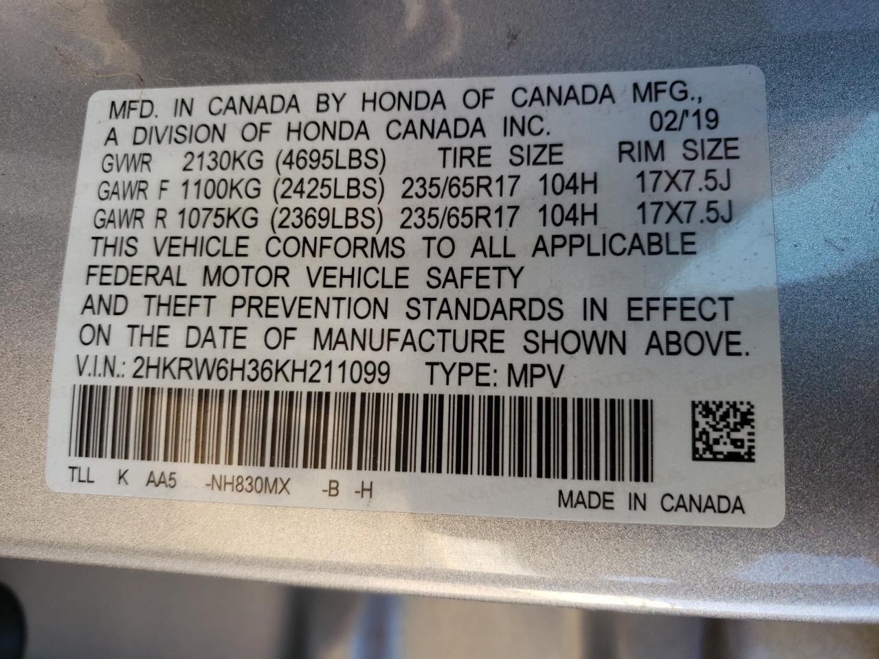 2HKRW6H36KH211099 HONDA CRV 2019