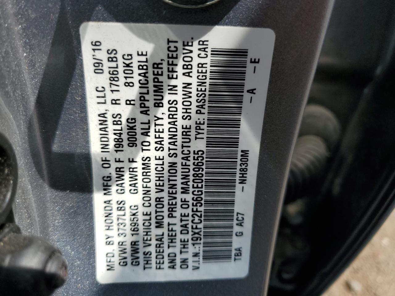 19XFC2F56GE089655 HONDA CIVIC 2016