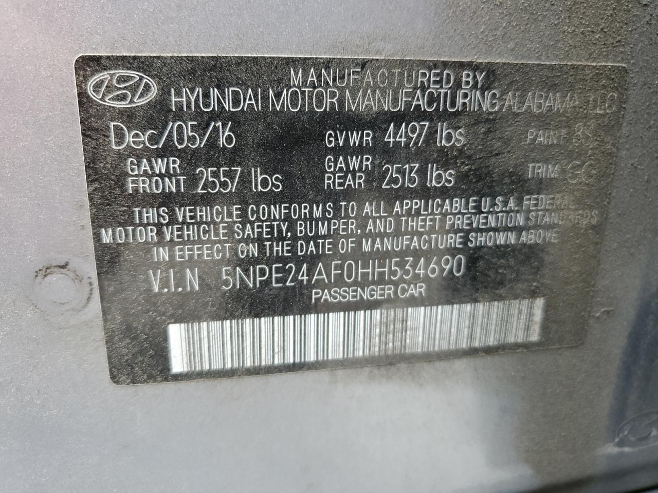 5NPE24AF0HH534690 HYUNDAI SONATA 2017