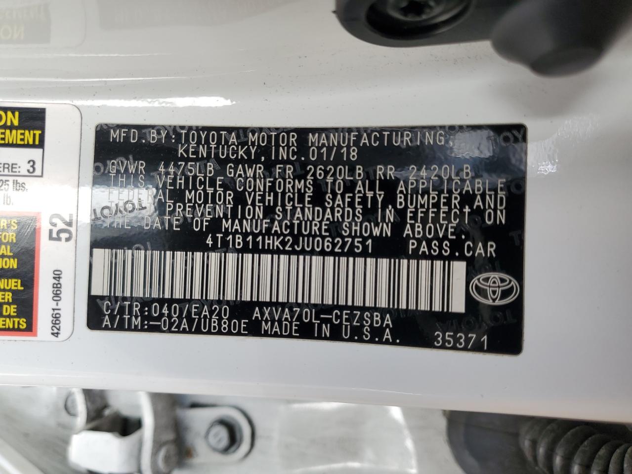 4T1B11HK2JU062751 TOYOTA CAMRY 2018