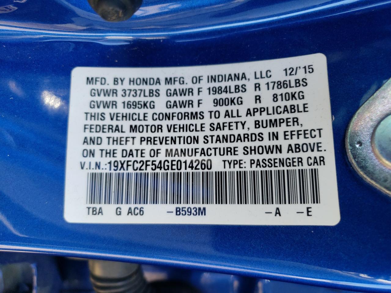 19XFC2F54GE014260 HONDA CIVIC 2016