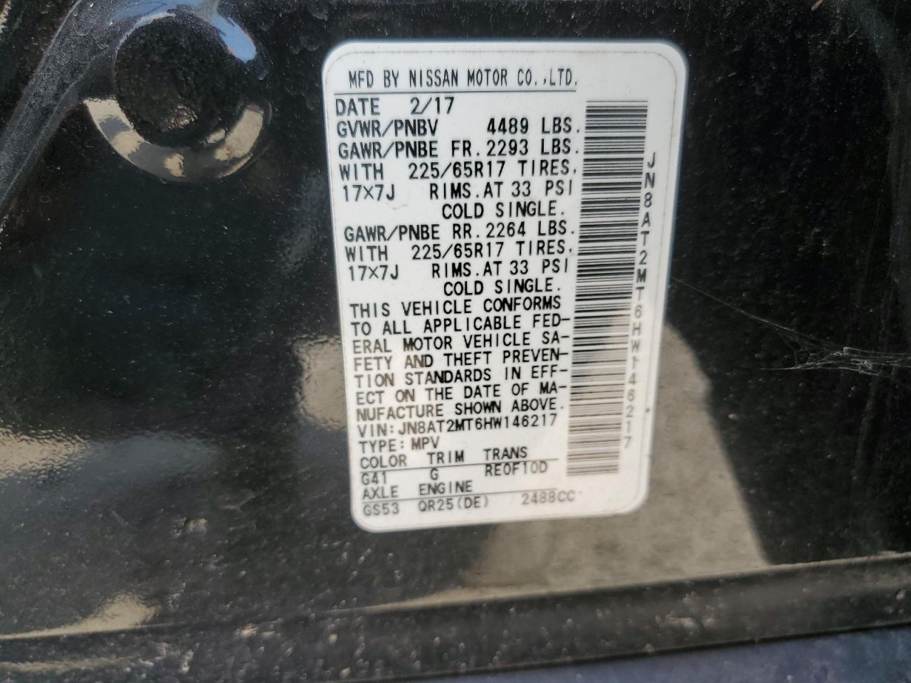 JN8AT2MT6HW146217 NISSAN ROGUE 2017