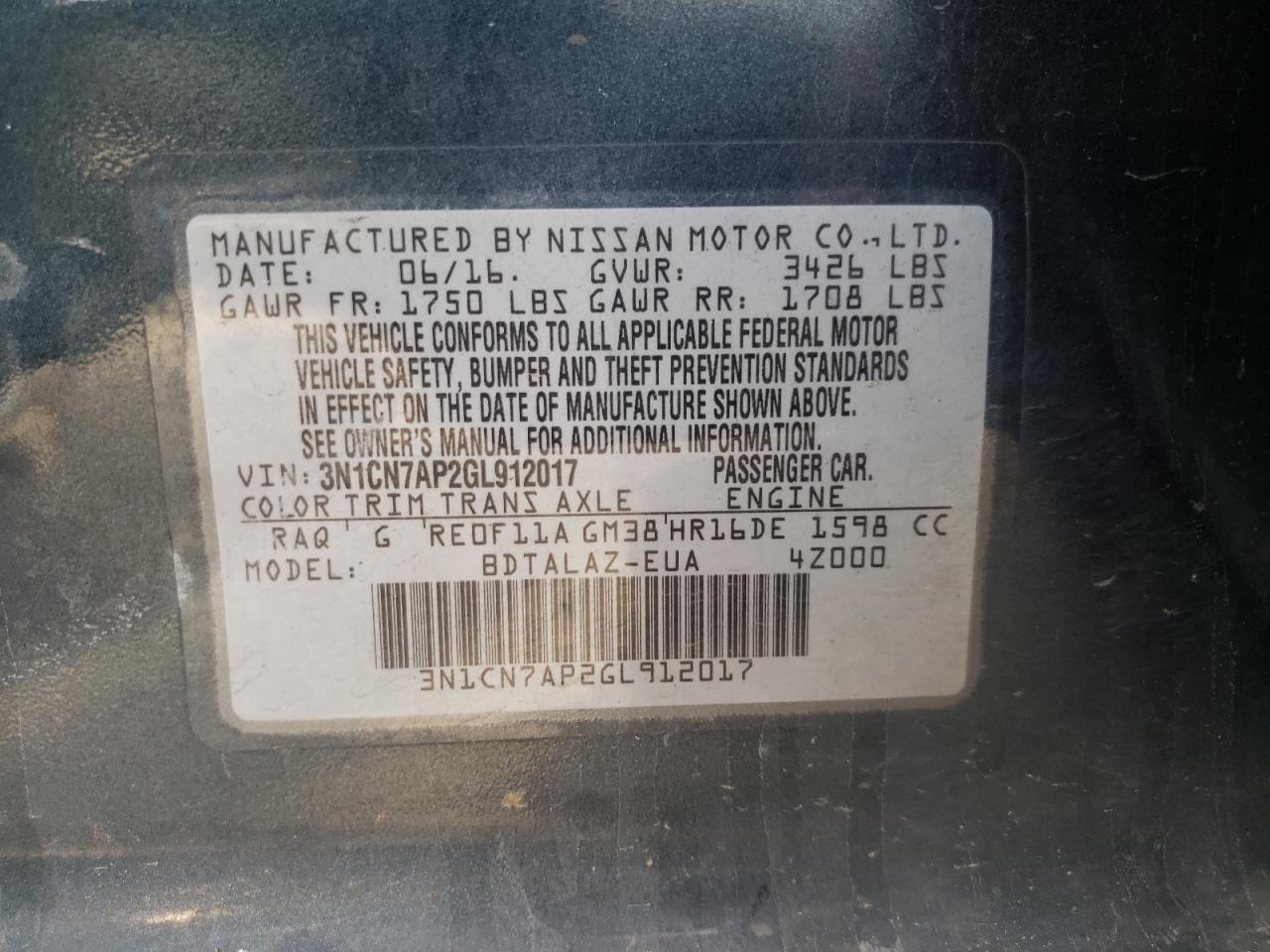 3N1CN7AP2GL912017 NISSAN VERSA 2016