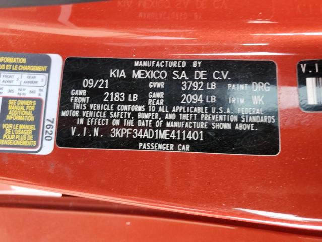 3KPF34AD1ME411401 KIA Forte Gt Line