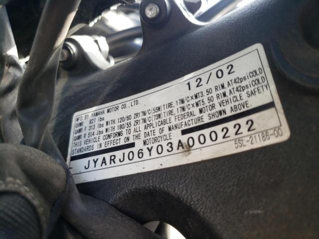 2003 YAMAHA YZFR6 L JYARJ06Y03A000222