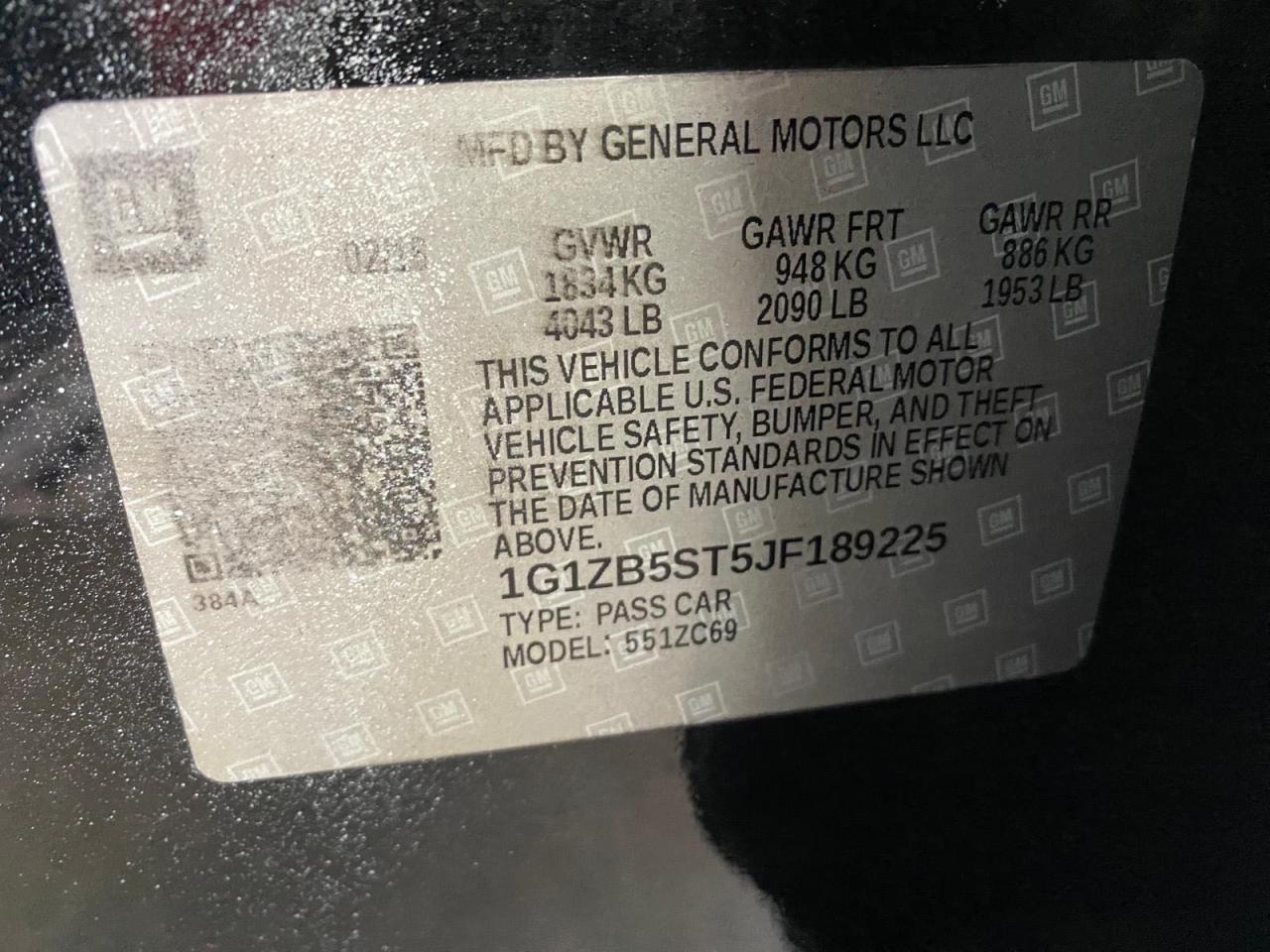 VIN: 1G1ZB5ST5JF189225 2018 CHEVROLET MALIBU
