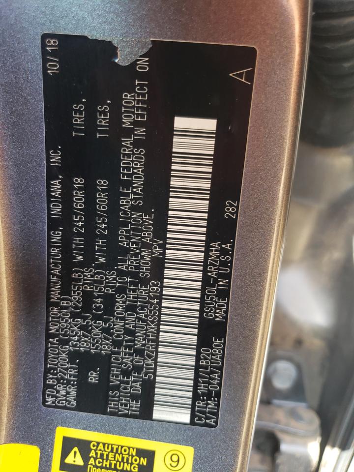 5TDKZRFHXKS554193 TOYOTA HIGHLANDER 2019