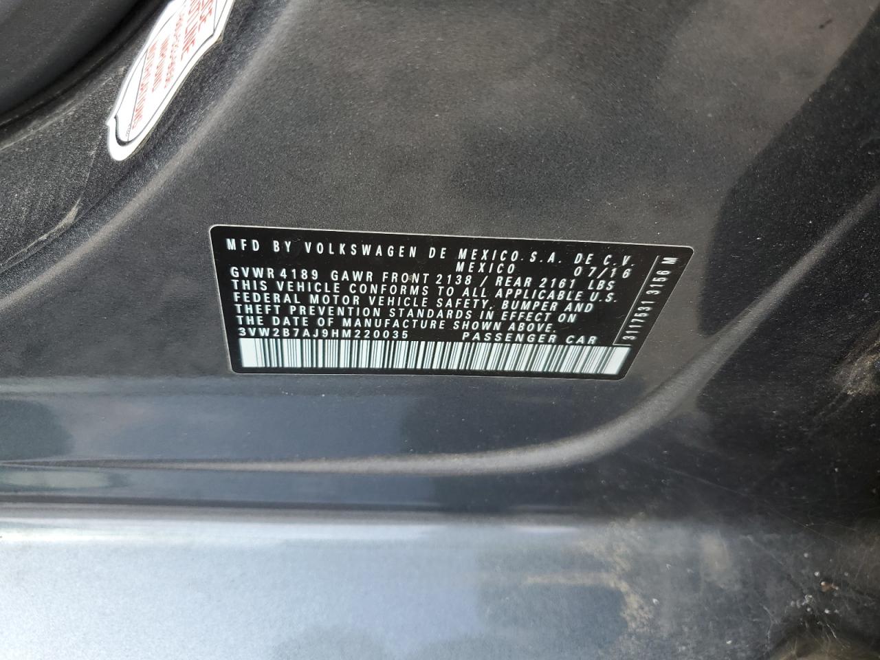 3VW2B7AJ9HM220035 VOLKSWAGEN JETTA 2017