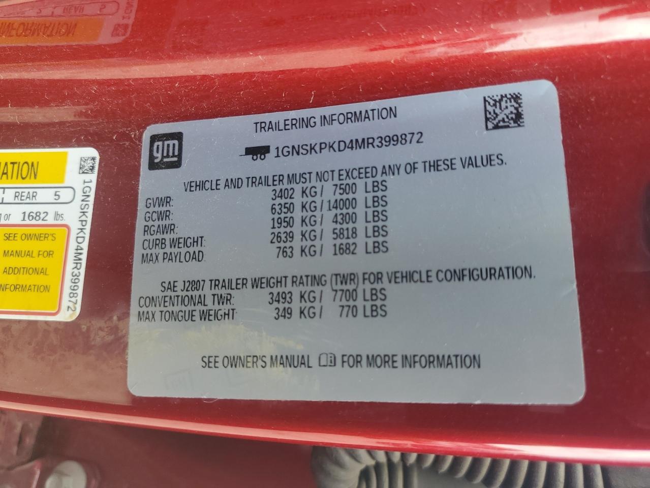 1GNSKPKD4MR399872 CHEVROLET TAHOE 2021