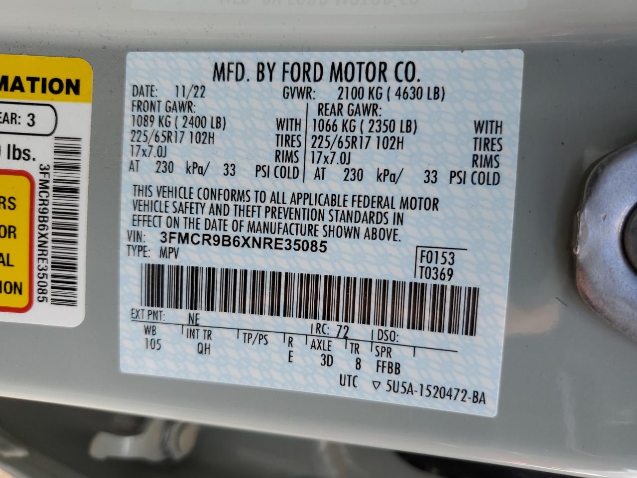 3FMCR9B6XNRE35085 FORD BRONCO 2022