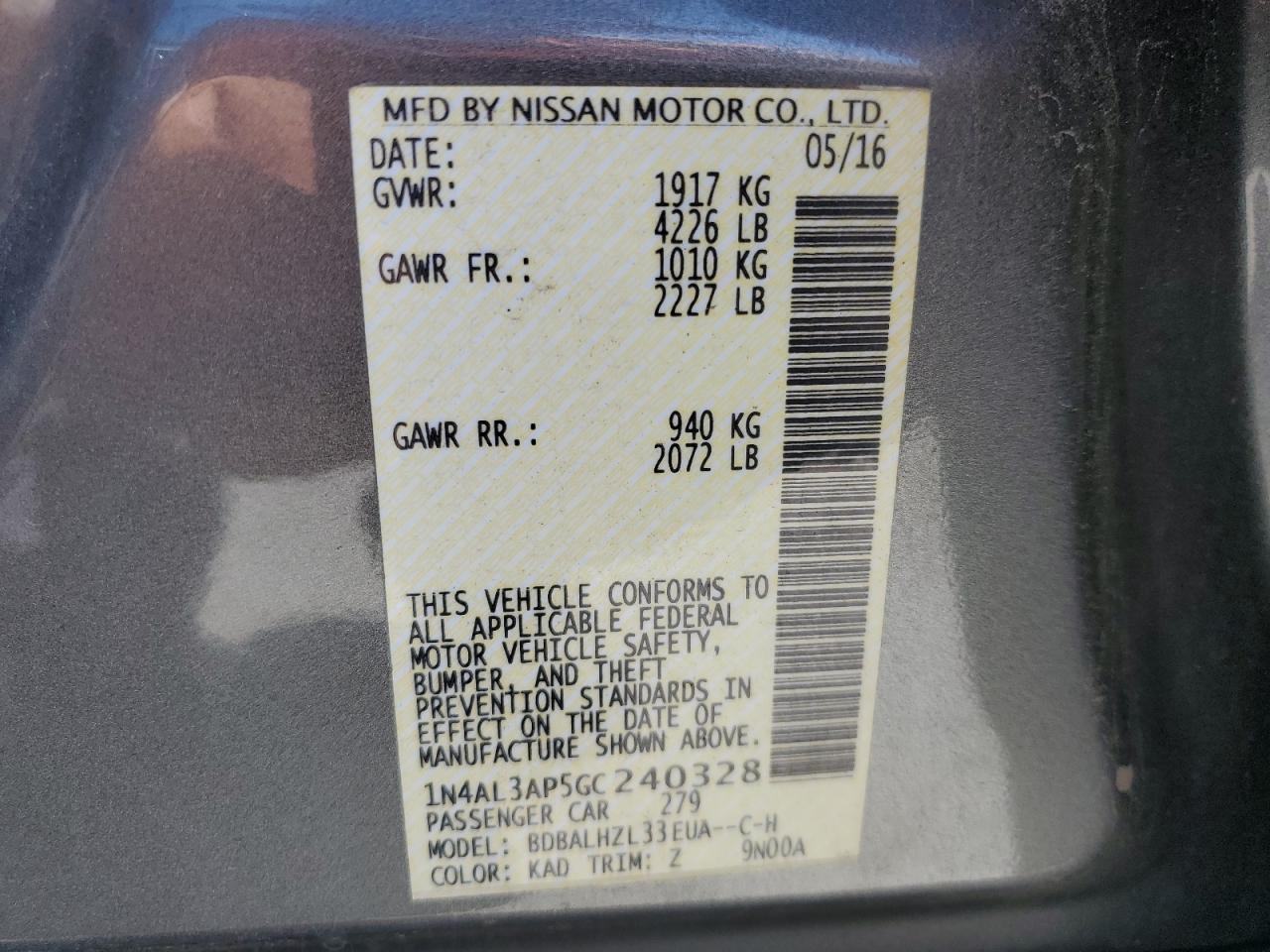 VIN: 1N4AL3AP5GC240328 2016 NISSAN ALTIMA