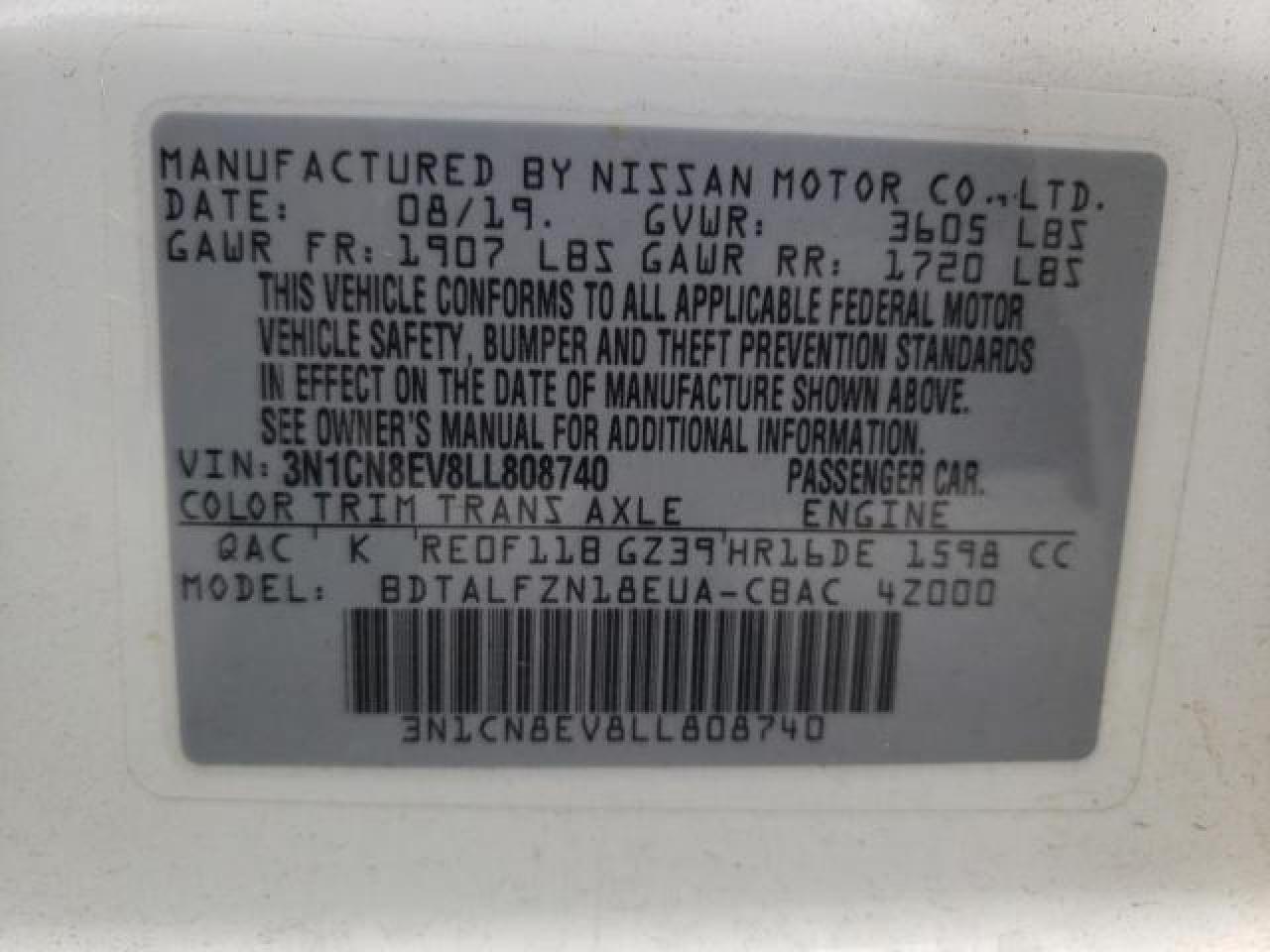 3N1CN8EV8LL808740 NISSAN VERSA 2020