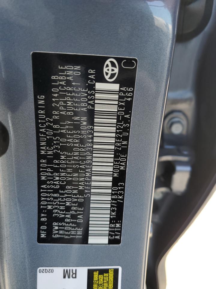 5YFEPMAE9NP384439 TOYOTA COROLLA 2022