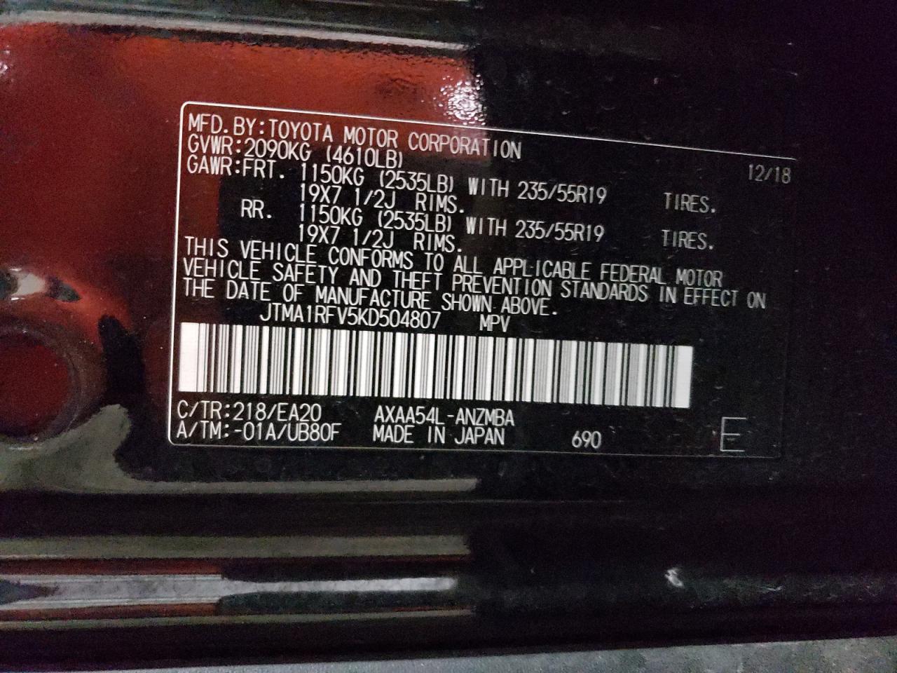 JTMA1RFV5KD504807 TOYOTA RAV4 2019