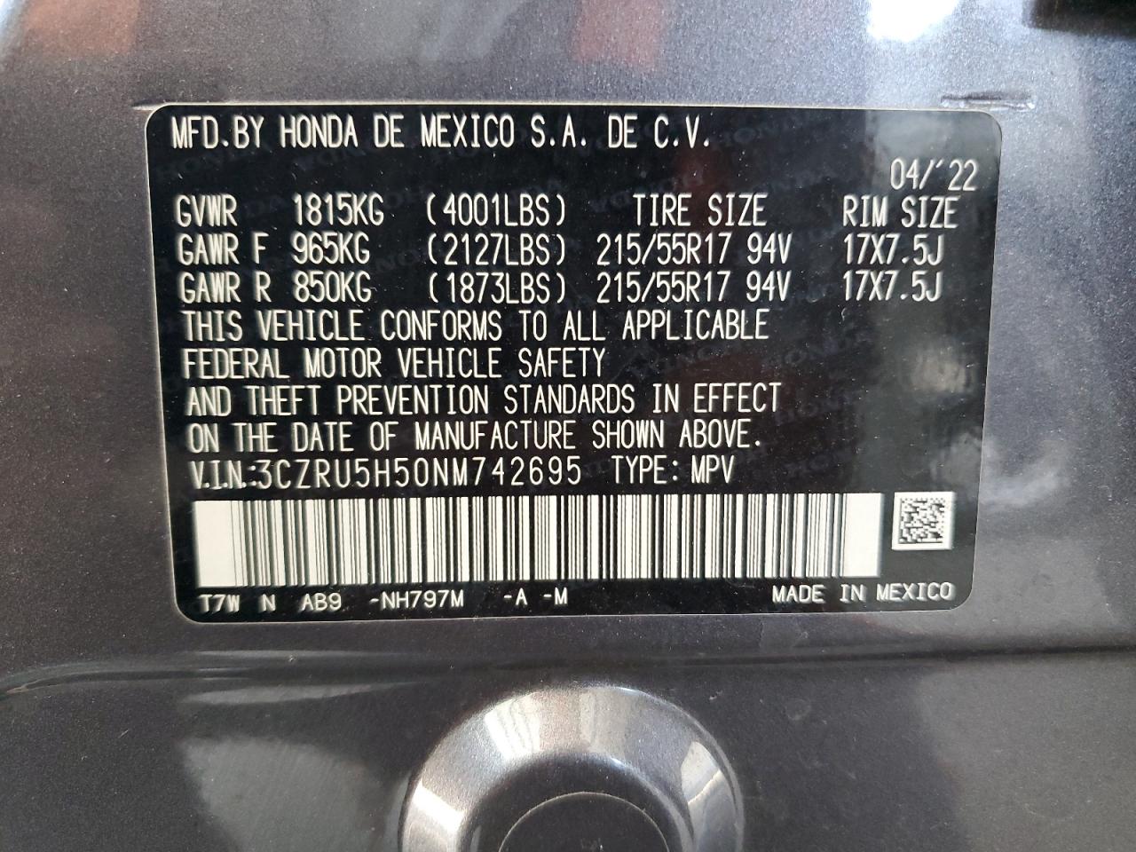 3CZRU5H50NM742695 2022 Honda Hr-V Ex