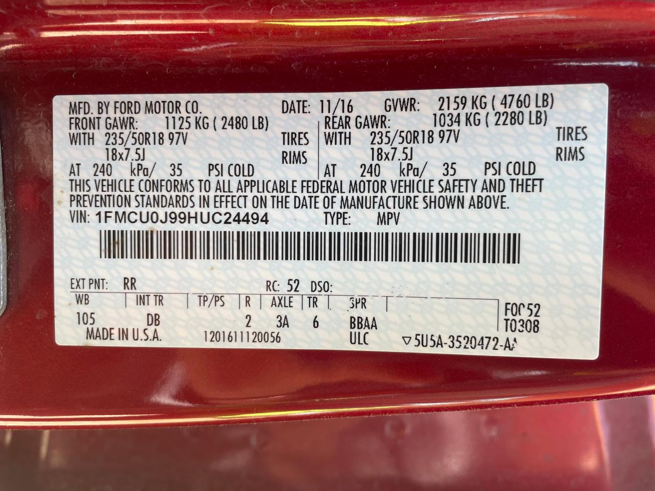 1FMCU0J99HUC24494 FORD ESCAPE 2017