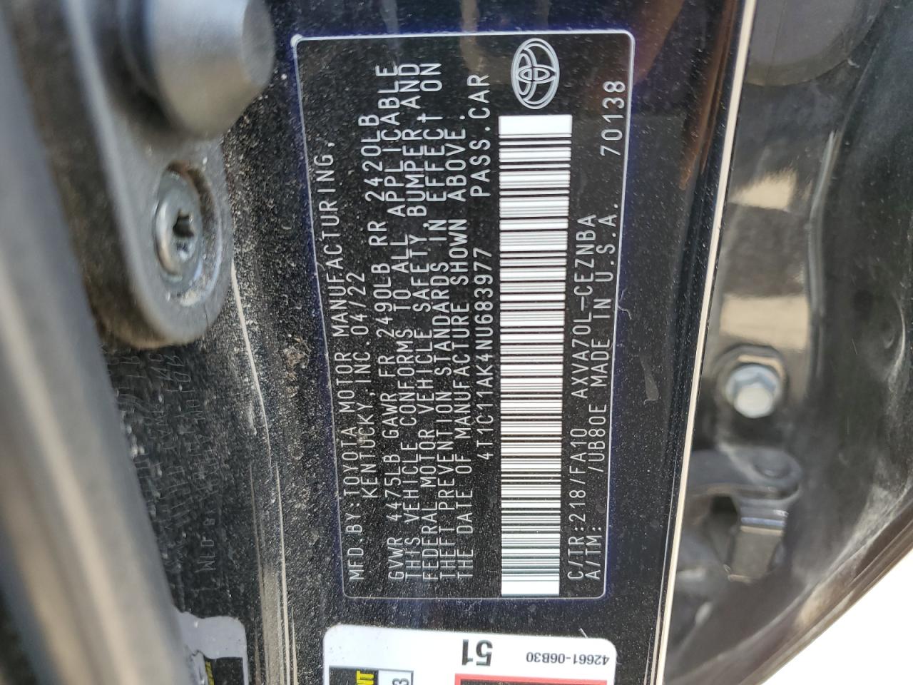 4T1C11AK4NU683977 TOYOTA CAMRY 2022