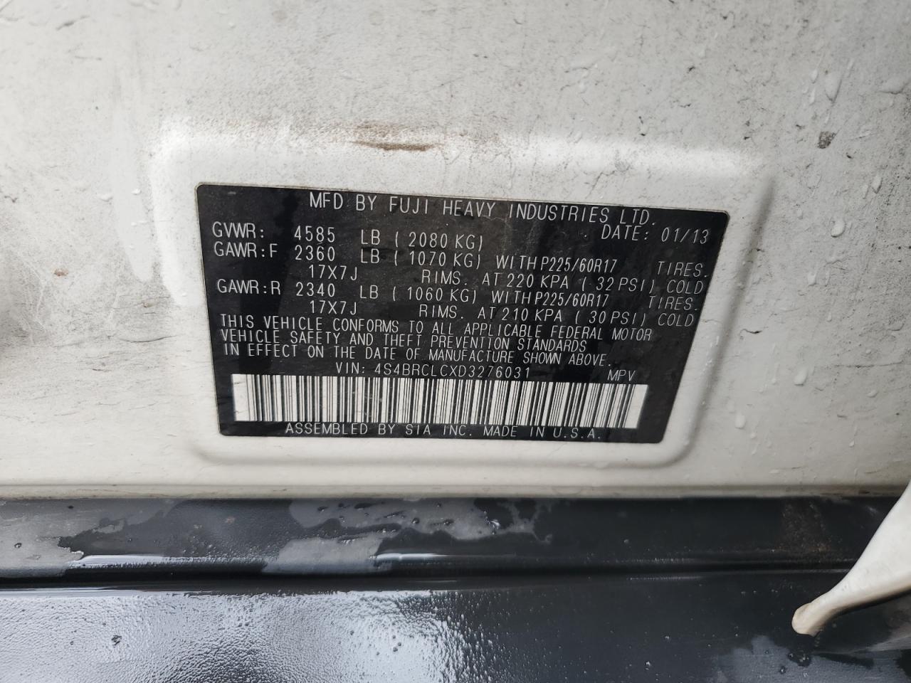 4S4BRCLCXD3276031 2013 Subaru Outback 2.5I Limited